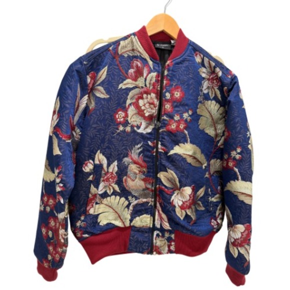Floral Brocade Tapestry Bomber Jacket M Baroque Rare Embroidered Pop of Red - Picture 5 of 16